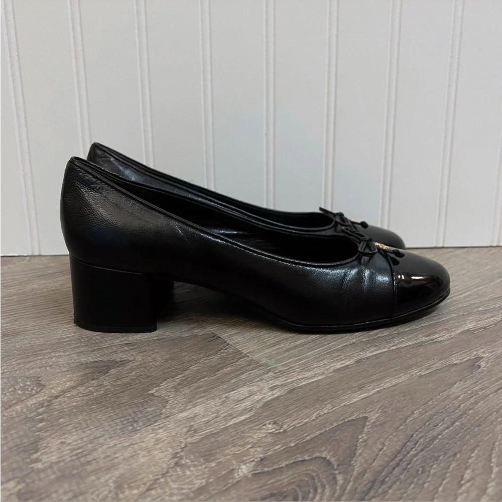 TORY BURCH Mixed Black Leather Cap-Toe Ballerina Block Pumps Size 7 - Picture 7 of 14